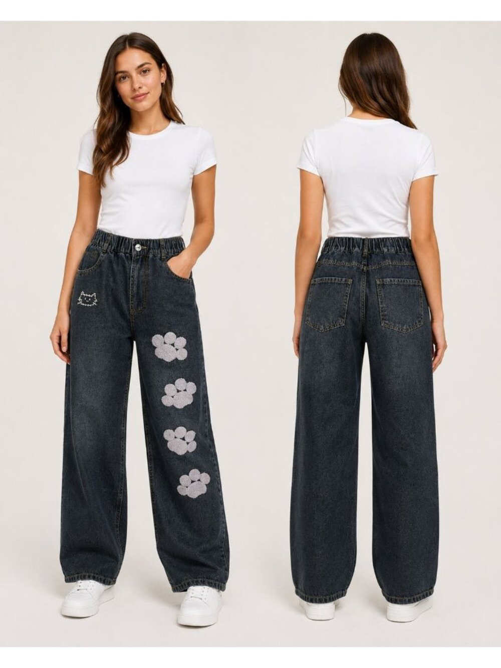 Washed Denim Paw Print Embroidered Women Wide Leg  Jeans Black Small